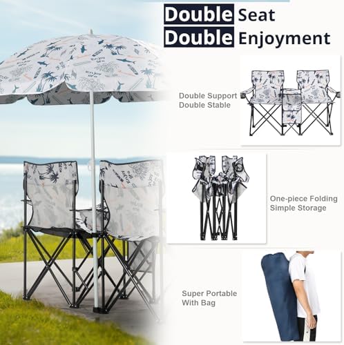 Outvita Folding Double Camping Chair w/Umbrella, Cooler for Beach Patio L