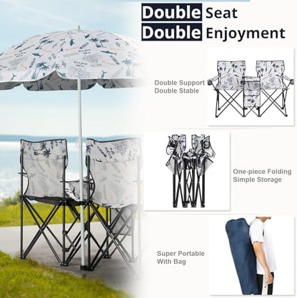 Outvita Folding Double Camping Chair w/Umbrella, Cooler for Beach Patio L