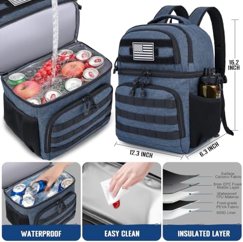 MOZETO Lunch Backpack for Men, Tactical Inspired Double Deck Cooler Backpack Insulated Leakproof RFID Lunchbox for Work (Army Blue)