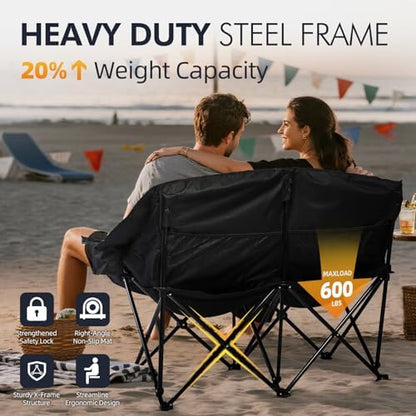 Double Camping Chair Loveseat -2 Person Oversized Padded Outdoor Camp Couch