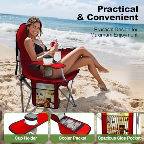 Folding Portable Camping Chair with Cooler, Cup Holder & Storage Pocket