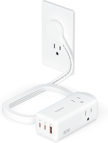 TESSAN USB Charging Station PD 30W, Flat Plug USB C Charger Blocks with 3 AC Outlets, Desktop Phone Fast Charger with 5FT Extension Cord for Phone Tablet Laptop, Travel, Office