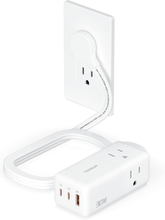 TESSAN USB Charging Station PD 30W, Flat Plug USB C Charger Blocks with 3 AC Outlets, Desktop Phone Fast Charger with 5FT Extension Cord for Phone Tablet Laptop, Travel, Office