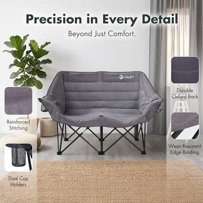 VILLEY Oversized Double Camping Chair, Heavy-Duty Folding Loveseat, Grey