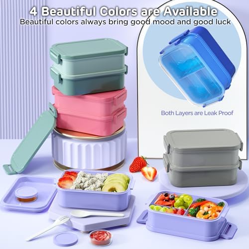 DaCool Lunch Box Adults Bento Box - 74 OZ All-in-One Stackable Lunch Box Containers for Adult Large Bento Box with Fork Spoon Sauce Boxes, Leakproof Lunchbox for Work School Dining Out,Macaron-Color