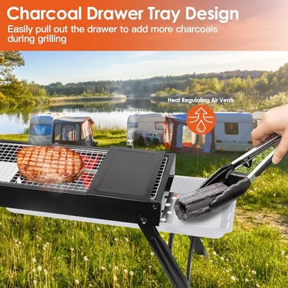 KOCASO Foldable Charcoal BBQ Grill with Shelf Stainless Steel Grill Net Easy Setup Portable Tabletop Barbecue Grill for Camping Picnic Outdoor Party Backyard