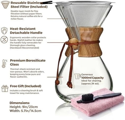 AGOGO Pour Over Coffee Maker Set, 34oz Classic Style, 304 Stainless Filter