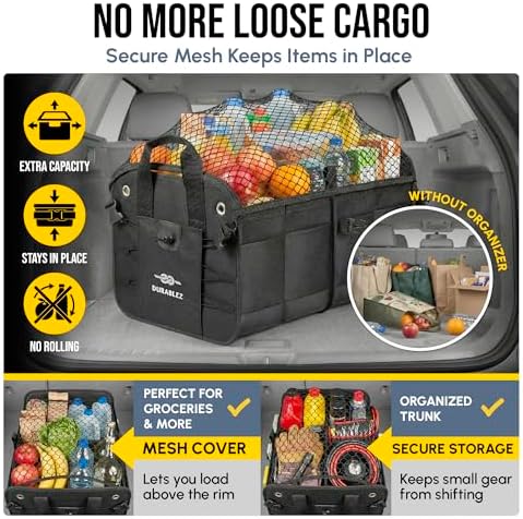 Large Car Trunk Organizer, Modular & Collapsible, 3 Compartment XL, Black