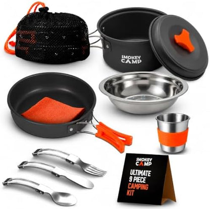 Smokey Camp Camping Cookware Mess Kit Set with Stove - Backpacking Camping Pots and Pans Set, All in One Non-Stick Camping Cooking Set, Portable Stove, Hiking, Picnic, Outdoor & Camping Cookware Set
