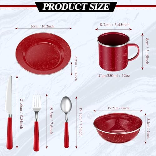 Nuogo 48 Pcs Camping Dinnerware Enamel Mugs Plates Bowls Utensils, Red