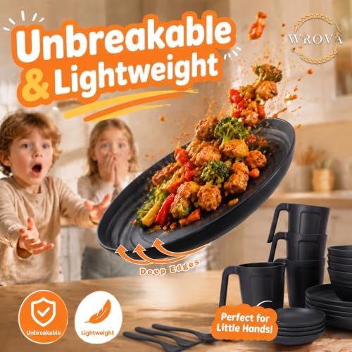 Wrova Black Plates and Bowls Sets for 4, Wheat Straw Dinnerware Sets 24PCS