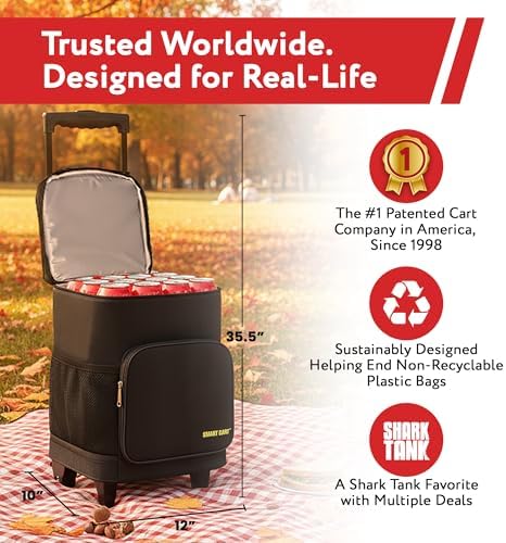 Ultra Compact Cooler Smart Cart with Wheels - Collapsible Insulated Cooler Bag - Foldable Travel Cooler 36 Cans - Leak Proof Trolley - Black