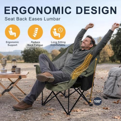 Oversized Camping Chairs for Adult - Heavy Duty Padded Portable Folding Chair XL Collapsible Camp Chair with Cup Holder Cooler Pockets for Outdoor Lawn Beach Sport Fishing Support 500LBS, Green Grey
