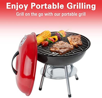 Alpine Cuisine Premium Portable BBQ Grill, 14 Inch, Heavy Duty Steel Outdoor Charcoal Grill for Camping, Tailgating, Patio & Backyard, Red