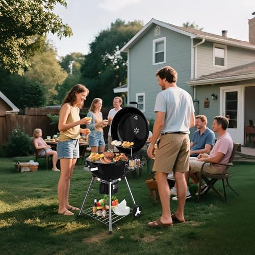 22.5-Inch Portable Charcoal Grill, Heavy Duty Kettle BBQ Smoker with Built-in Thermometer & Removable Water-Rinsable Ash Catcher for Outdoor Camping, Patio, Backyard, and Tailgating