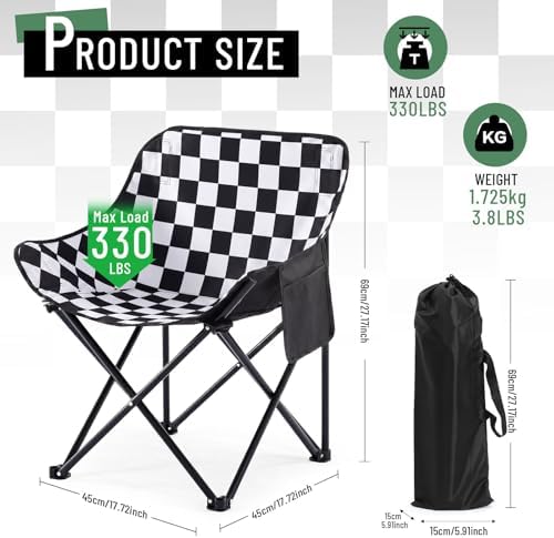 2 Pack Folding Camping Chairs Portable, Black, White, Chessboard