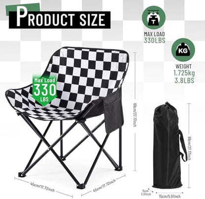 2 Pack Folding Camping Chairs Portable, Black, White, Chessboard