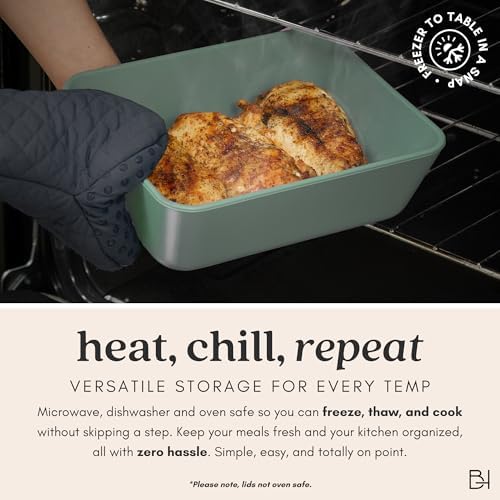 Glass Food Storage Container with Lid, 5-Cup Medium Square | Microwave-Safe Airtight Lid, Oven-Safe Ceramic-Coated Glass | Zero Plastic, No PFAS/PFOA/BPA, Reusable [Willow]