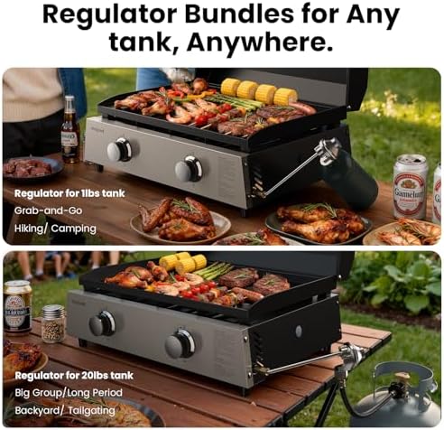 Flat Top Gill, Outdoor Griddle 22” Tabletop Gas Griddle with Hood for Outdoor Camping Tailgating (24000 BTU, 2 Burner, Carbon Steel Plate)