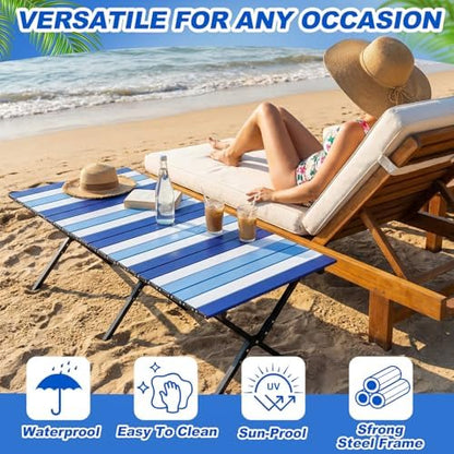 CroBlissful Beach Table Folding Camping Portable Table Striped White Aluminum Side with Carry Bag for Summer Camping Picnics and Outdoor Activities(48x24x18 in,Navy Blue)