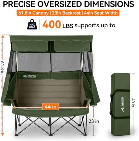 Huskfirm Double Camping Chair with Canopy Shade Folding Camping Couch Green