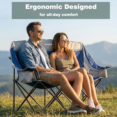 SunnyFeel Double Camping Loveseat Chair, Blue-Cooler, Foldable, Portable, Space Saving, Side Pocket, Cup Holders