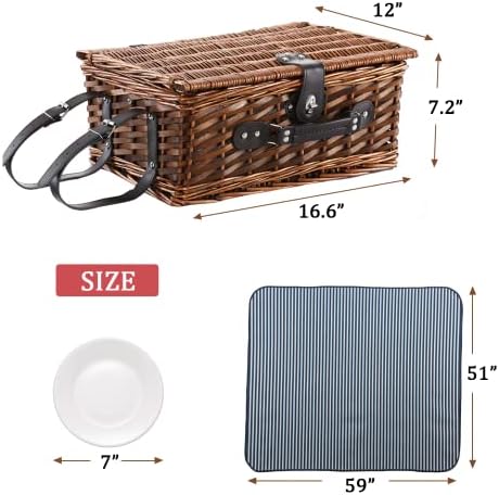 Wicker Picnic Basket for 4 with Blanket and Insulated Cooler