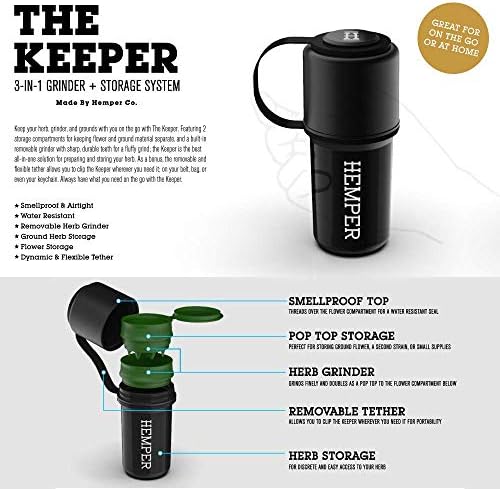 Hemper Keeper 3-in-1 Grinder & Storage Container – Compact Organizer with Removable Grinder, Dual Compartments for Raw & Ground Materials, Travel-Friendly with Clip Attachment - (Black)