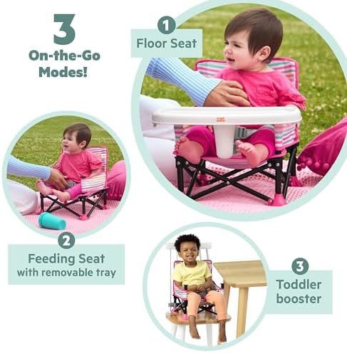 Bright Starts Disney Minnie Mouse Pop 'N Sit Portable Booster, Indoor/Outdoor Use, Floor Seat with Feeding Tray, 6 Mos - 3 Yrs