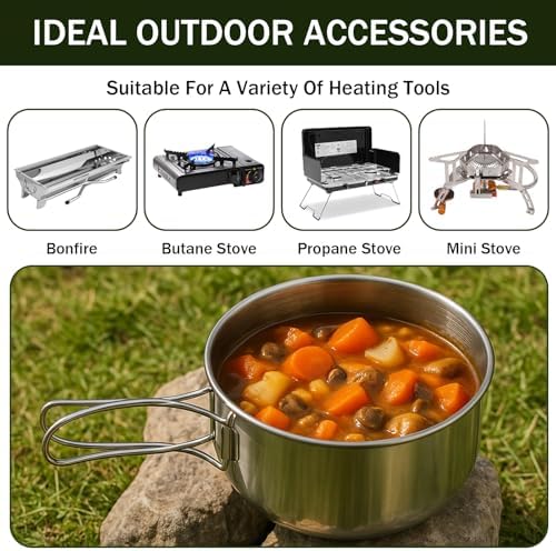 JJUNW 14Pcs Stainless Steel Camping Cookware Set, Lightweight Compact Camping Pots Pans Set with Cups Plates Forks Knives Spoons for Backpacking Camping-Cooking Hiking and Picnic