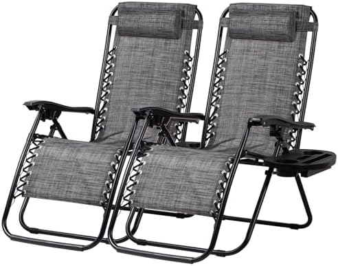 Nazhura Set of 2 Relaxing Recliners Patio Chairs Adjustable Steel Mesh Zero Gravity Lounge Chair Beach Chairs with Pillow and Cup Holder(Grey)