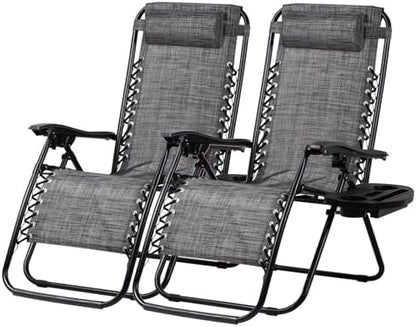 Nazhura Set of 2 Relaxing Recliners Patio Chairs Adjustable Steel Mesh Zero Gravity Lounge Chair Beach Chairs with Pillow and Cup Holder(Grey)