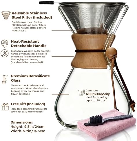 AGOGO Pour Over Coffee Maker Set, 40oz Classic Style, 304 Stainless Filter