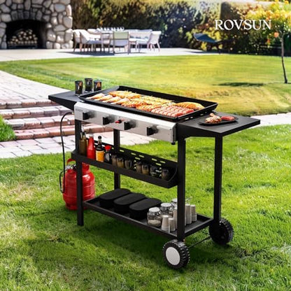 ROVSUN 4 Burner Portable Propane Griddle with Electronic Ignition, 40000 BTU Rolling Flat Top Gas Grill with Nonstick Enameled Tray, Side Shelves & Regulator for Outdoor Cooking Camping BBQ Tailgating