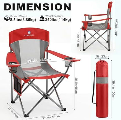 2 Pack Camping Chairs for Adults,Oversized Mesh Back Lawn Chair with Cup Holder, Side Pocket&Bag for Outdoor,Beach,Picnic,Fishing,and Sports,Breathable,Heavy Duty,Red