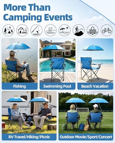 HaSteeL 2PCS Camping Chairs with Detachable Umbrella, Folding Beach Chair for Adults, Large Portable Foldable Chair for Outdoors Fishing Hiking Travel Picnic Lawn, Supports 275lbs, Storage Bags, Blue