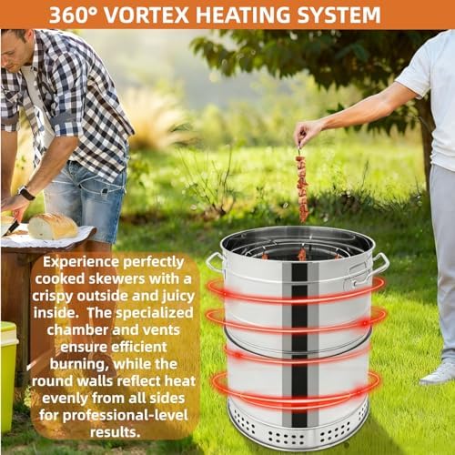 360° Smokeless Stainless Steel BBQ Grill Barrel Portable Charcoal BBQ 2-in-1 Vertical Smoker Barrel Grill for Outdoor Barbecue, Camping, And Backyard Cooking (Large-50 Skewers)