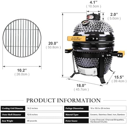 London Sunshine Ceramic BBQ Charcoal Kamado Grill 13 inch Portable Tabletop BBQ Bright Gray