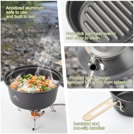 THTYBROS 27pcs Camping Cooking Set for 2-4 People, Portable Cookware Set with Kettle, Pots & Pans, Stainless Steel Utensils, Plates, Dishware for Backpacking, Picnic, Outdoor Adventures