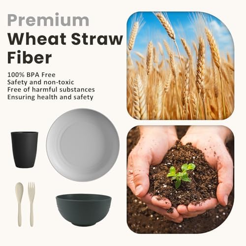 Homienly Unbreakable Wheat Straw Dinnerware Sets, Plastic Plates and Bowls Sets Alternative 20 PCS, Microwave & Dishwasher Safe Dish Set for Kitchen, Camping, Kids, Apartment, Lightweight(Grey Stone)