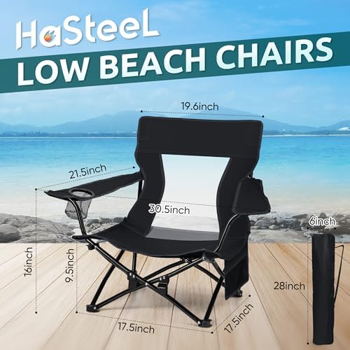 HaSteeL Low Beach Chairs, 2Pcs Folding Camping Lawn Chairs - Black
