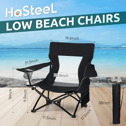 HaSteeL Low Beach Chairs, 2Pcs Folding Camping Lawn Chairs - Black