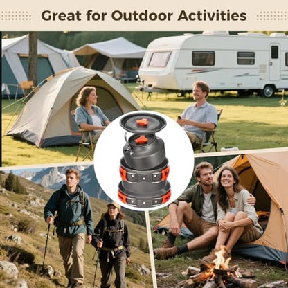 10 PCS Camping Cookware Set, Camp Pot Pan Kettle Plastic Bowls Soup Spoon, Lightweight Aluminum Outdoor Cooking Set with Drawstring Storage Bag for Backpacking Hiking RV Trip