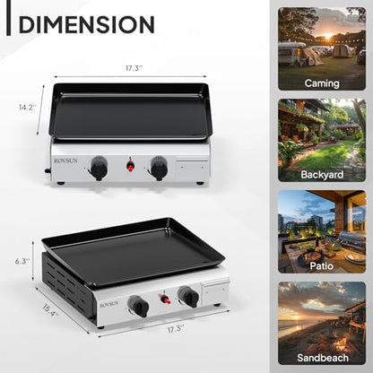 ROVSUN 2 Burner Portable Propane Griddle with Nonstick Enameled Tray, 20,000 BTU Tabletop Flat Top Gas Grill with Electronic Ignition & Regulator for Outdoor Cooking Camping BBQ Tailgating Picnicking
