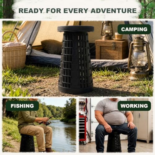 JAEMEYEM Collapsible Stool Chair, Upgraded Folding Stool for Adults Lightweight, Sturdy, Adjustable, Portable, Foldable Seat Sturdy Stools for Outdoor Camping Fishing Hiking Gardening BBQ