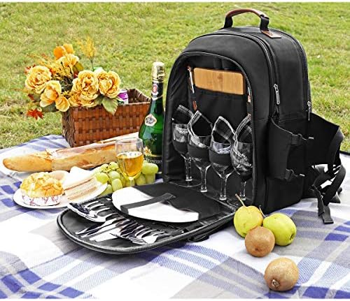 Sunflora Picnic Backpack for 4 Person Set Pack with Insulated Waterproof Pouch for Family Outdoor Camping (Black)