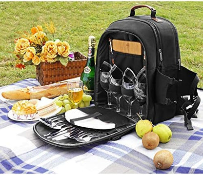 Sunflora Picnic Backpack for 4 Person Set Pack with Insulated Waterproof Pouch for Family Outdoor Camping (Black)