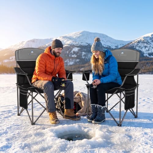 Heated Camping Chairs 2 Pack - Heavy Duty 400LBS Padded Lawn Chair with Cup Holder,Side Pocket,Collapsible for Outdoor,Camp,Fishing & Garden,Black,Battery NOT Included