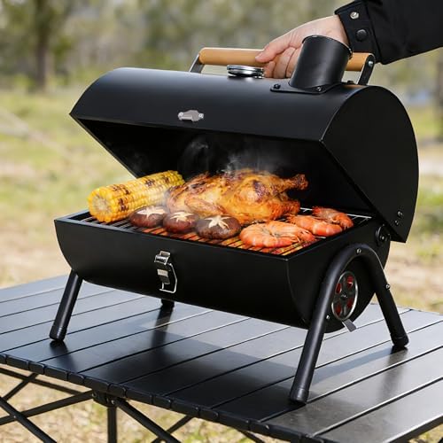 Portable Charcoal Grills with Thermometer, Heavy Duty Small BBQ Grill, Easy to Carry Compact Outdoor Camping Grill with Lid for Backyard Party Picnic Travel Hiking Beach Cooking