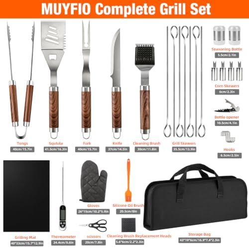 MUYFIO 32 Pcs BBQ Accessories, Heavy Duty Grill Accessories, 16 in, Stainless Steel Grill Set with Case, Thermometer, BBQ Tools for Outdoor Grill Camp Cook, Grill Gifts for Men, Women